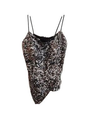 Sean Collection Silk Sequin Asymmetrical Camisole - Black and Silver XL